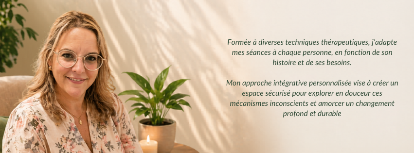 Formée à diverses techniques thérapeutiques, j’adapte mes séances à chaque personne, en fonction de son histoire et de ses besoins.</p>
<p>Mon approche  intégrative personnalisée vise à créer un espace sécurisé pour explorer en douceur ces mécanismes inconscients et amorcer un changement profond et durable
